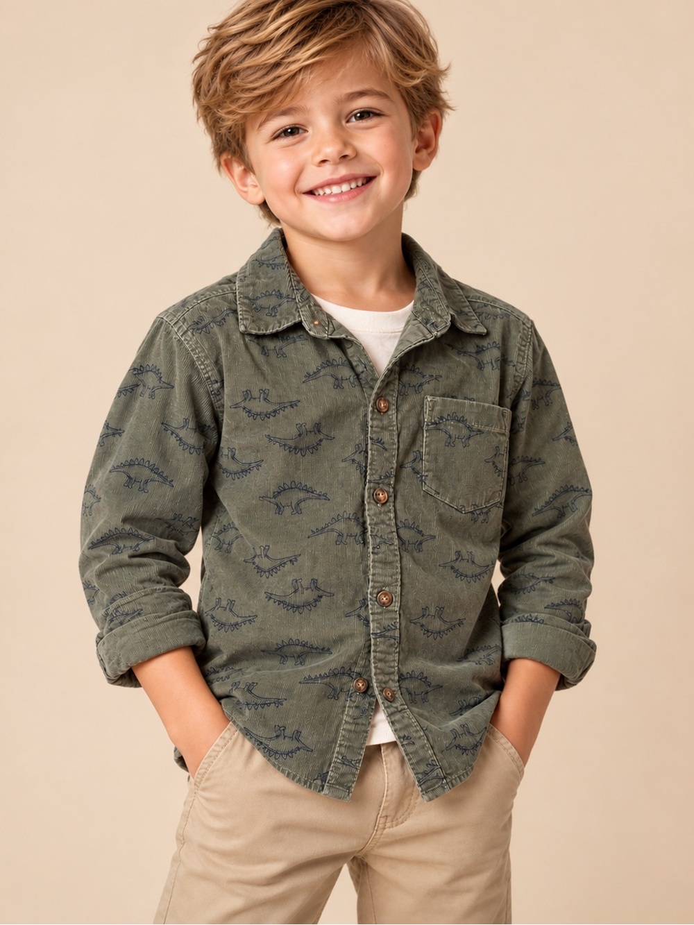 Carter’s Boys Dinosaur Corduroy Button-Up Shirt Olive Green Size 4T